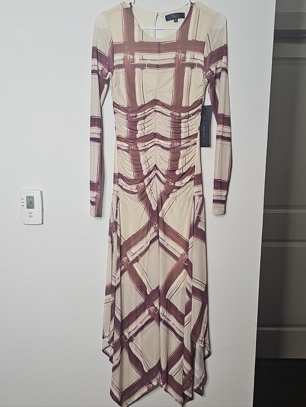 Cream and Mauve Plaid Long-Sleeve Ruched Handkerchief Hem Dress By RACHEL ROY